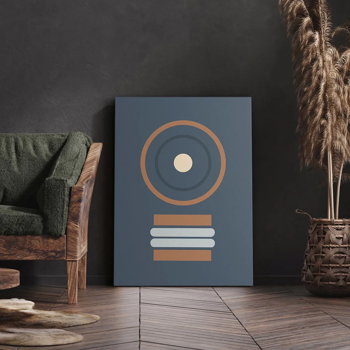 Impression sur toile - Image sur toile - Une composition géométrique avec des cercles et des rectangles aux couleurs sobres. - 70x100cm - Essence des choses - Décoration murale moderne pour le salon et la chambre ARTTOR