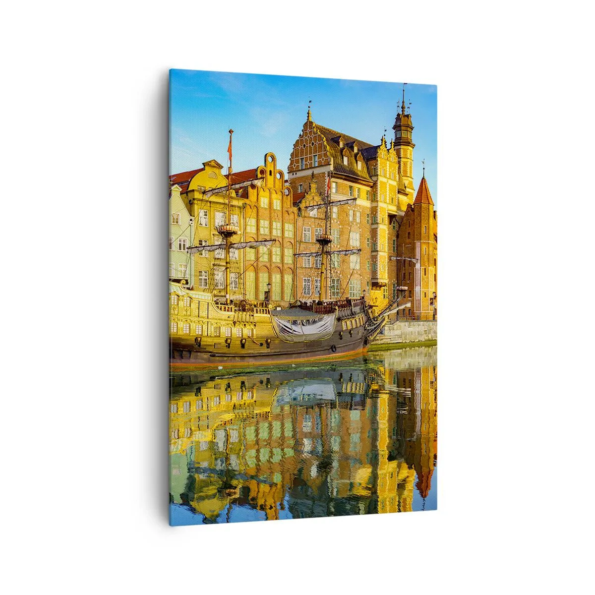 Impression sur toile - Image sur toile - Une vue pittoresque de la vieille ville avec un voilier et de l'eau - 80x120cm - Reflet dans le miroir du passé - Décoration murale moderne pour le salon et la chambre ARTTOR