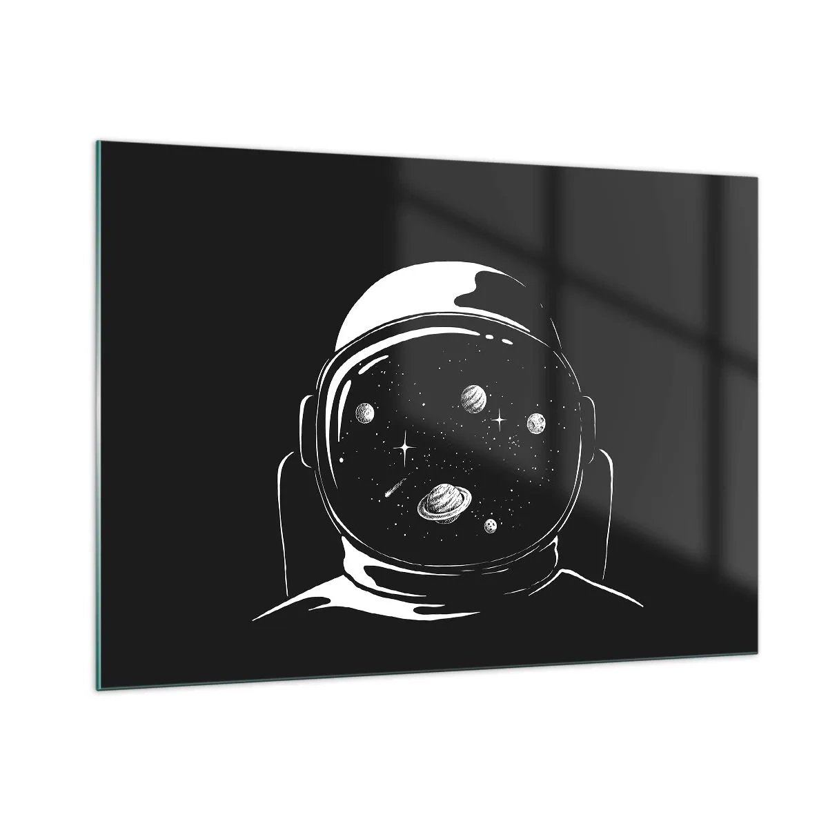 Impression sur verre - Image sur verre - Astronaute avec des étoiles et des planètes dans son casque sur fond noir - 100x70cm - Sympa la vue - Décoration murale moderne pour le salon et la chambre ARTTOR