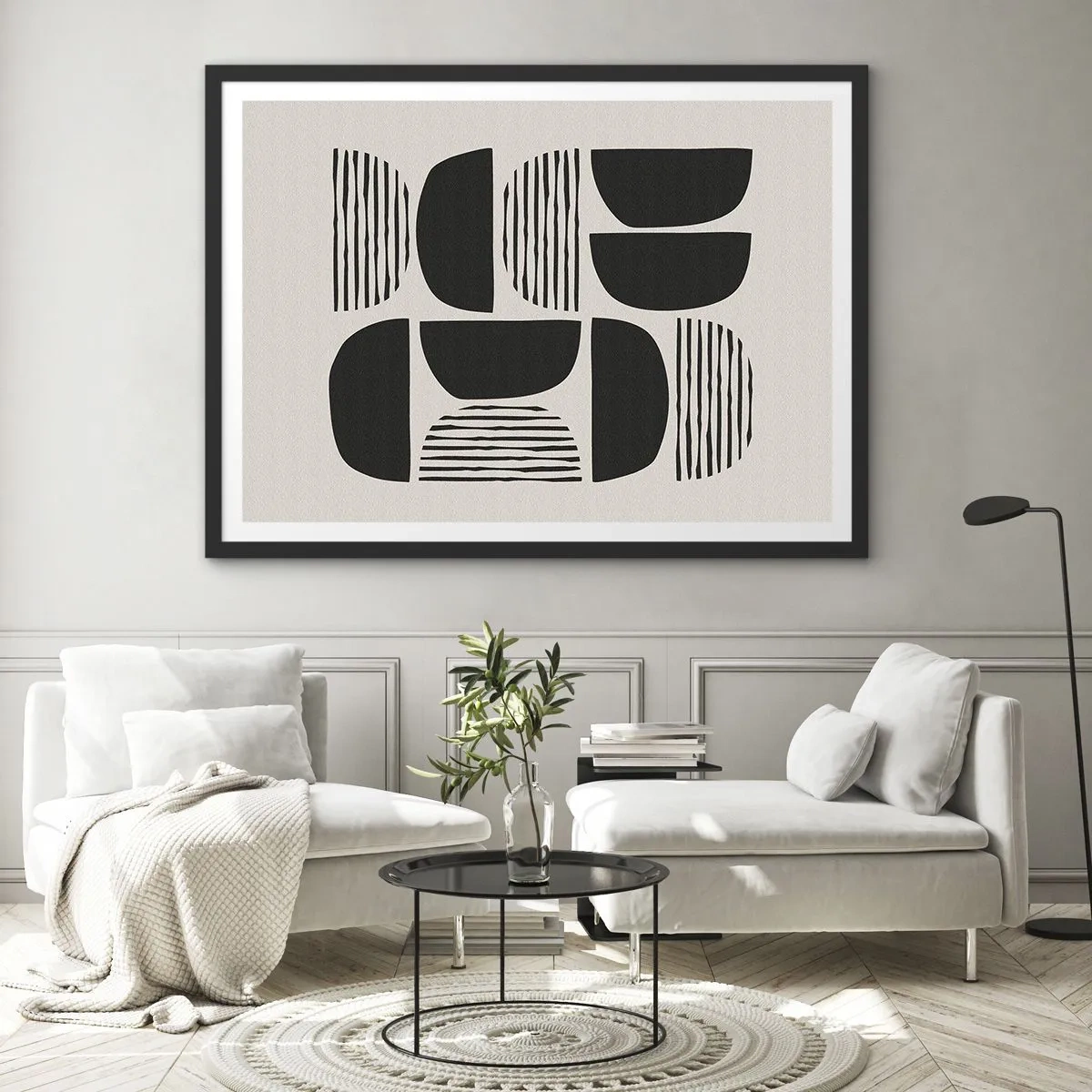 Affiche dans un cadre noir - Poster - Géométrie avec demi-cercles et lignes en noir sur fond clair - 70x50cm - Offres sans enthousiasme - Décoration murale moderne pour le salon et la chambre ARTTOR
