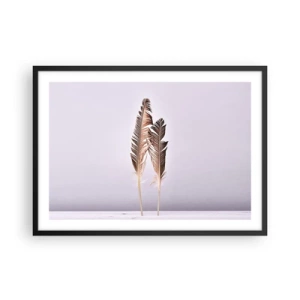 Affiche dans un cadre noir - Poster - Plumes délicates sur fond clair dans un style minimaliste - 70x50cm - Face au néant - Décoration murale moderne pour le salon et la chambre ARTTOR