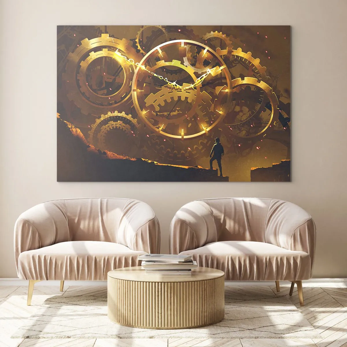 Impression sur verre - Image sur verre - Engrenages steampunk dorés avec rétroéclairage sur une silhouette humaine - 120x80cm - À la source du temps - Décoration murale moderne pour le salon et la chambre ARTTOR