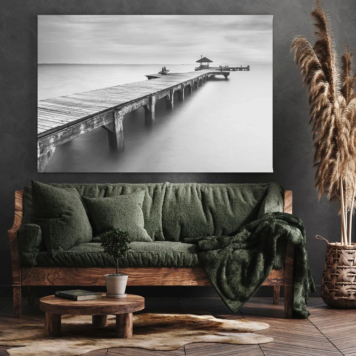 Impression sur toile - Image sur toile - Une vue en noir et blanc d'une jetée en bois sur une eau calme. - 120x80cm - À l'horizon - Décoration murale moderne pour le salon et la chambre ARTTOR