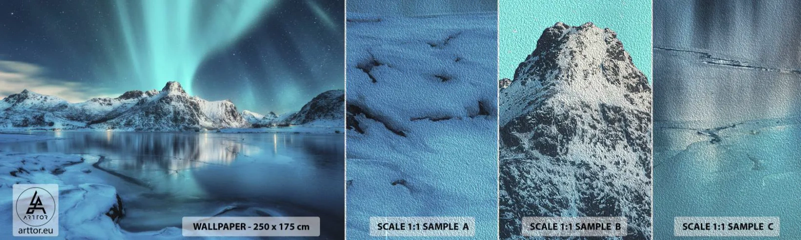 Échantillon de Papier Peint Premium Sand - Nuit de lumières - Aurores boréales, Norvège, Paysage - 100x30 cm