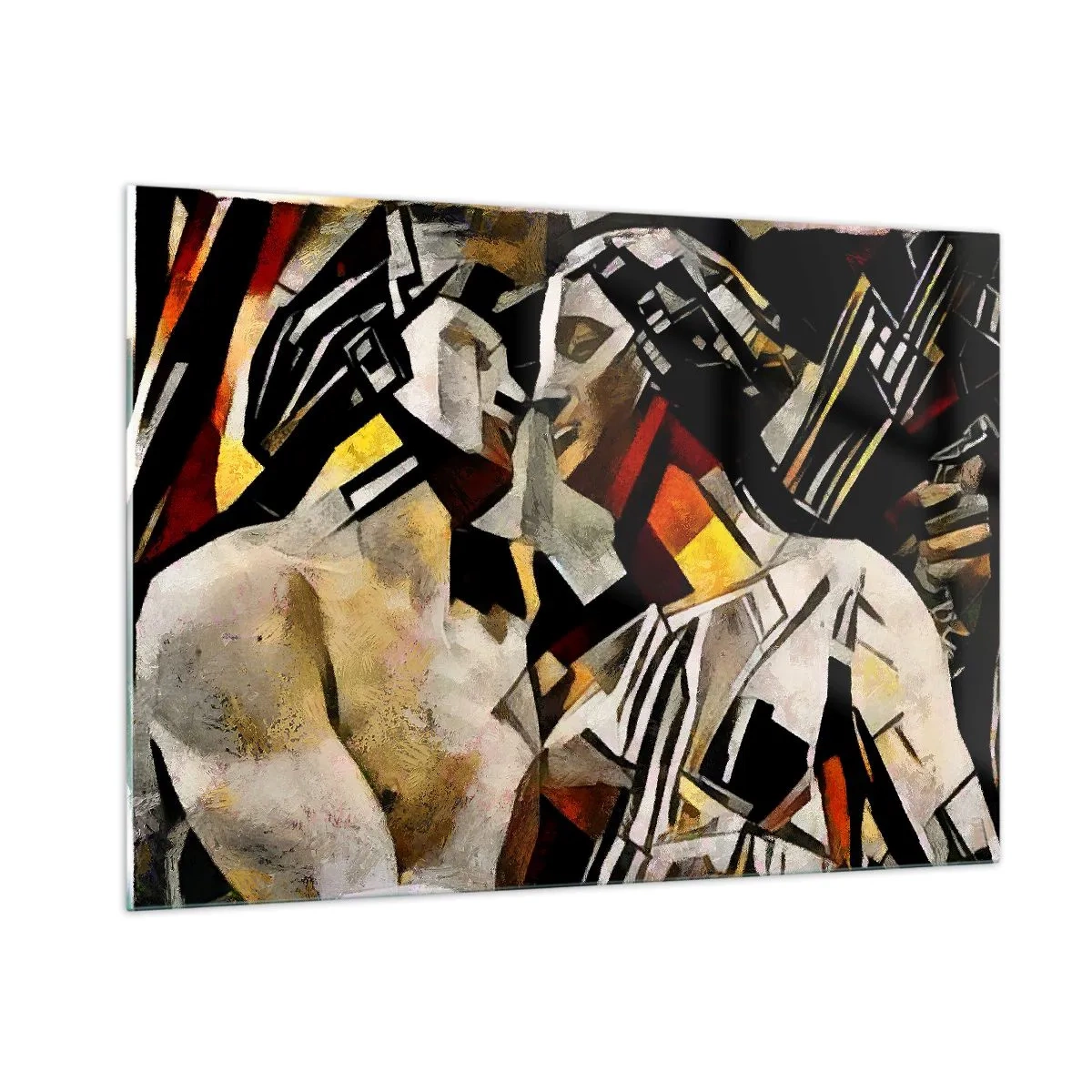 Impression sur verre - Image sur verre - Couple abstrait aux motifs géométriques - 100x70cm - Un baiser sculptural - Décoration murale moderne pour le salon et la chambre ARTTOR