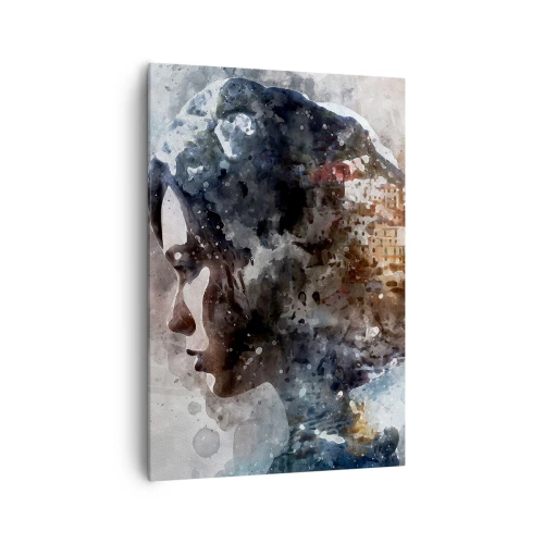 Impression sur toile - Image sur toile - Portrait d'une femme combinant son visage avec un paysage urbain en arrière-plan - 70x100cm - L'histoire d'une fille avec une ville en arrière-plan - Décoration murale moderne pour le salon et la chambre ARTTOR