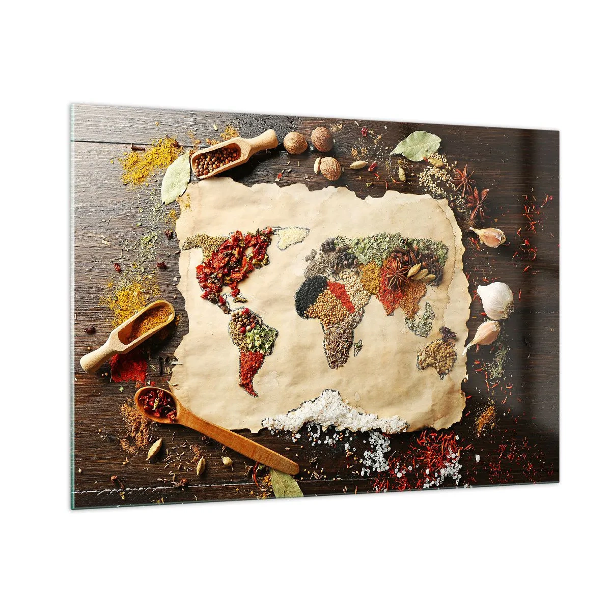 Impression sur verre - Image sur verre - Une carte du monde composée de diverses épices sur un fond rustique. - 100x70cm - Toutes les saveurs du monde - Décoration murale moderne pour le salon et la chambre ARTTOR