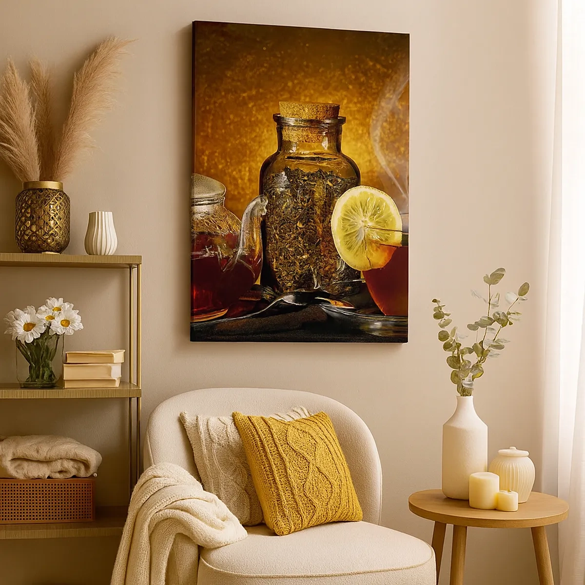 Impression sur toile - Image sur toile - Thé dans une carafe en verre avec du citron et du thé en vrac - 50x70cm - Dans le style des maîtres hollandais - Décoration murale moderne pour le salon et la chambre ARTTOR