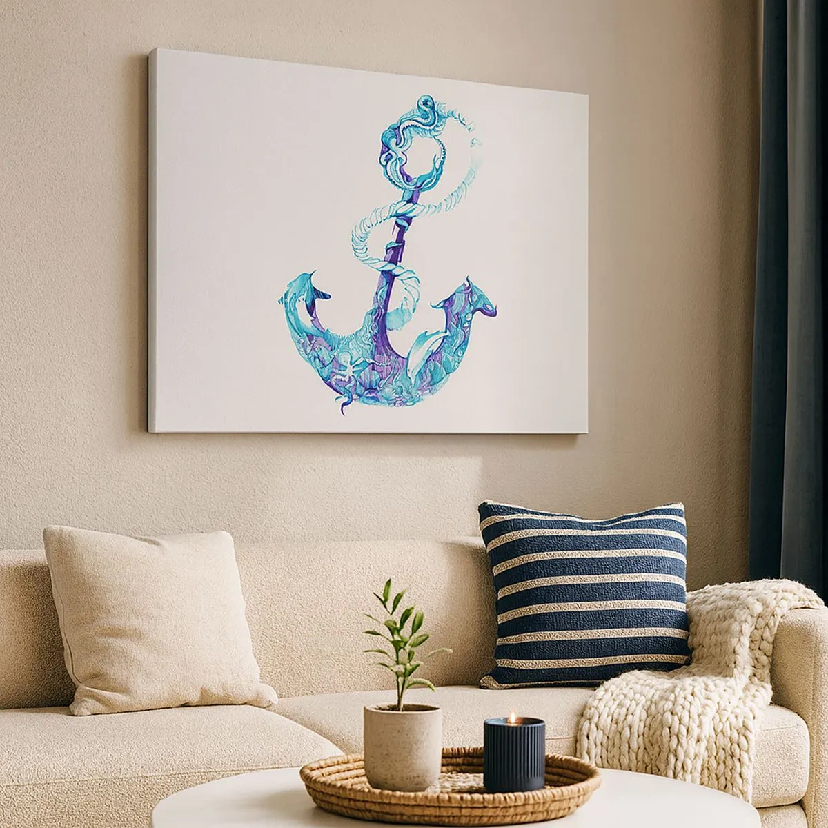 Impression sur toile - Image sur toile - Ancre abstraite dans des tons de bleu avec des détails nautiques - 70x50cm - Le confident des secrets de la mer - Décoration murale moderne pour le salon et la chambre ARTTOR