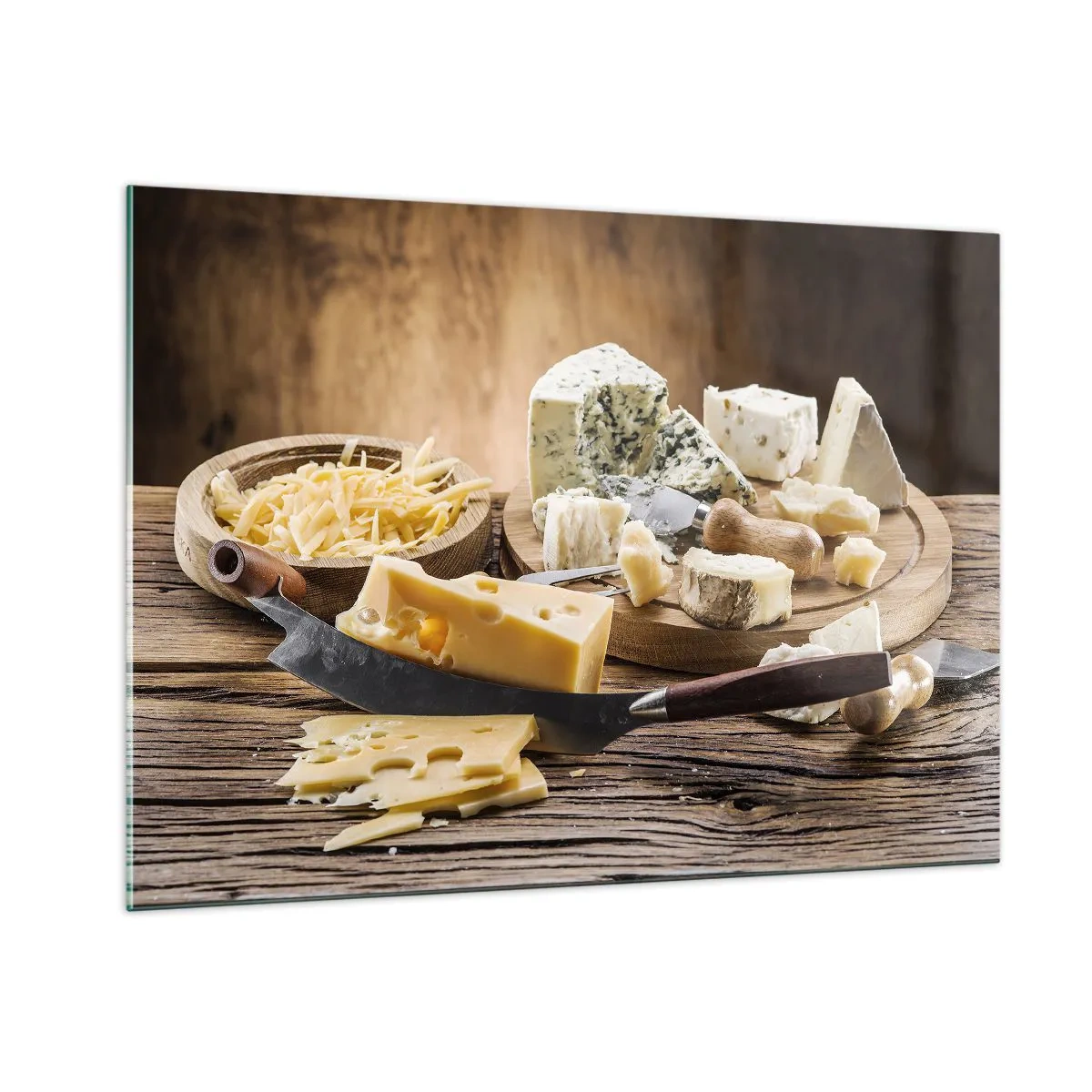 Impression sur verre - Image sur verre - Plateau de fromages avec couteau sur table rustique - 100x70cm - Sourire au fromage - Décoration murale moderne pour le salon et la chambre ARTTOR