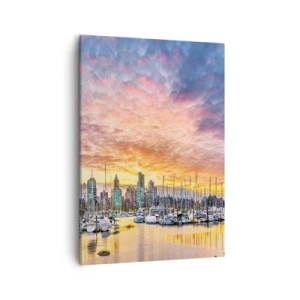 Impression sur toile - Image sur toile - Marina avec yachts et paysage urbain au coucher du soleil - 50x70cm - La cité aux mille marins - Décoration murale moderne pour le salon et la chambre ARTTOR