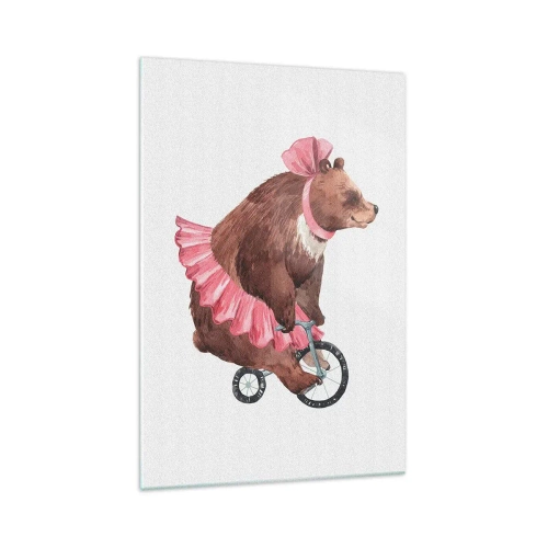 Impression sur verre - Image sur verre - Un ours en peluche dans une jupe rose sur un vélo de style rétro - 70x100cm - Quel cirque ! - Décoration murale moderne pour le salon et la chambre ARTTOR