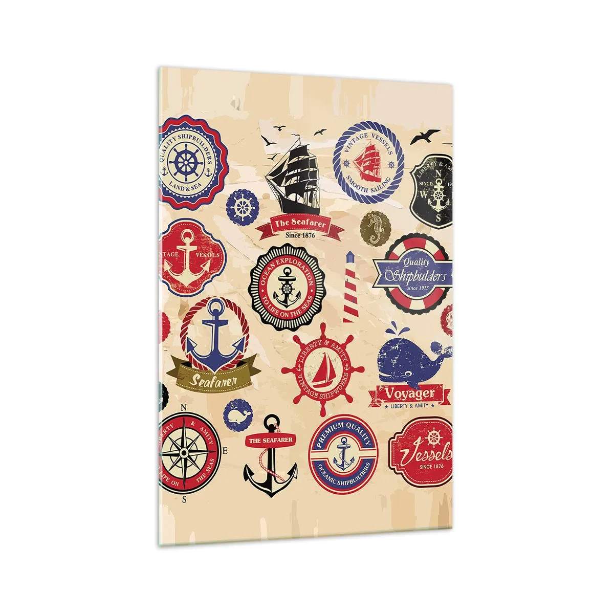 Impression sur verre - Image sur verre - Une collection de graphiques et de symboles nautiques sur fond clair - 70x100cm - La fraternité de la voile - Décoration murale moderne pour le salon et la chambre ARTTOR