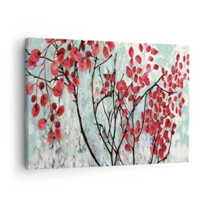 Impression sur toile - Image sur toile - Feuilles rouges sur un ciel lumineux avec des motifs abstraits - 70x50cm - Arbre en écarlate - Décoration murale moderne pour le salon et la chambre ARTTOR