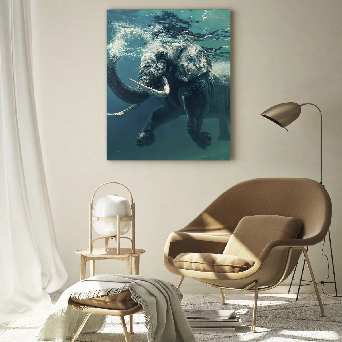 Impression sur verre - Image sur verre - Un éléphant nageant sous l'eau dans l'océan bleu - 50x70cm - Tout le monde aime nager - Décoration murale moderne pour le salon et la chambre ARTTOR