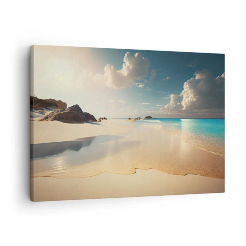 Impression sur toile - Image sur toile - Une plage ensoleillée avec une mer bleue et des rochers - 70x50cm - Une journée de rêve - Décoration murale moderne pour le salon et la chambre ARTTOR