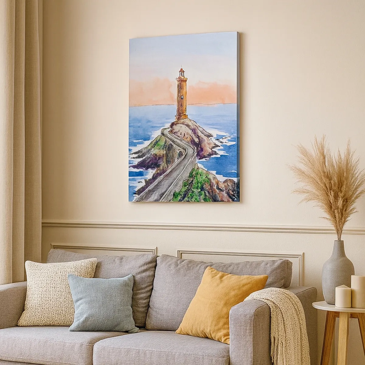 Impression sur toile - Image sur toile - Un phare sur un rivage rocheux - 50x70cm - Face à la mer - Décoration murale moderne pour le salon et la chambre ARTTOR