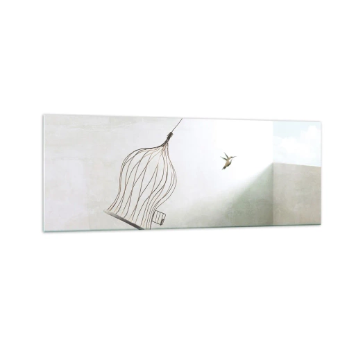 Impression sur verre - Image sur verre - Un oiseau libéré d'une cage sur fond de ciel lumineux - 140x50cm - Dans son élément - Décoration murale moderne pour le salon et la chambre ARTTOR