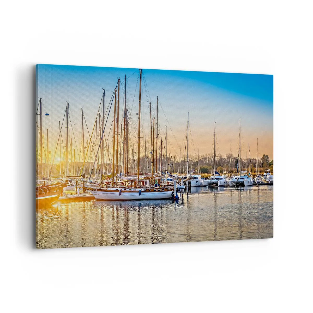 Impression sur toile - Image sur toile - Coucher de soleil sur une marina pleine de voiliers - 120x80cm - Le vent aussi doit dormir - Décoration murale moderne pour le salon et la chambre ARTTOR