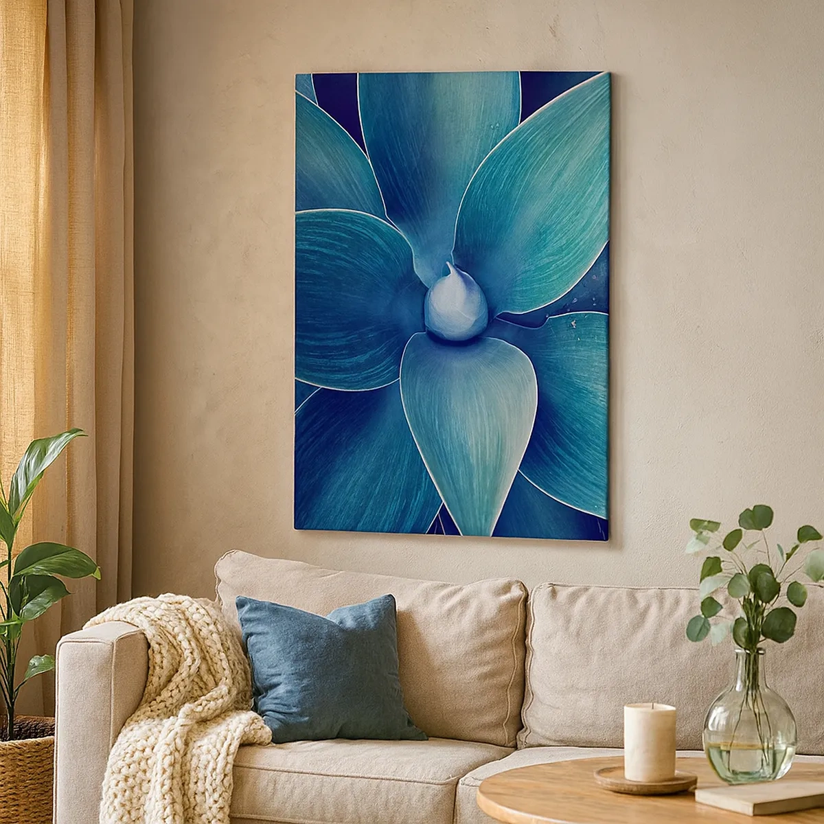 Impression sur toile - Image sur toile - Gros plan d'une fleur abstraite dans des tons de bleu - 50x70cm - Le bleu du ciel - Décoration murale moderne pour le salon et la chambre ARTTOR