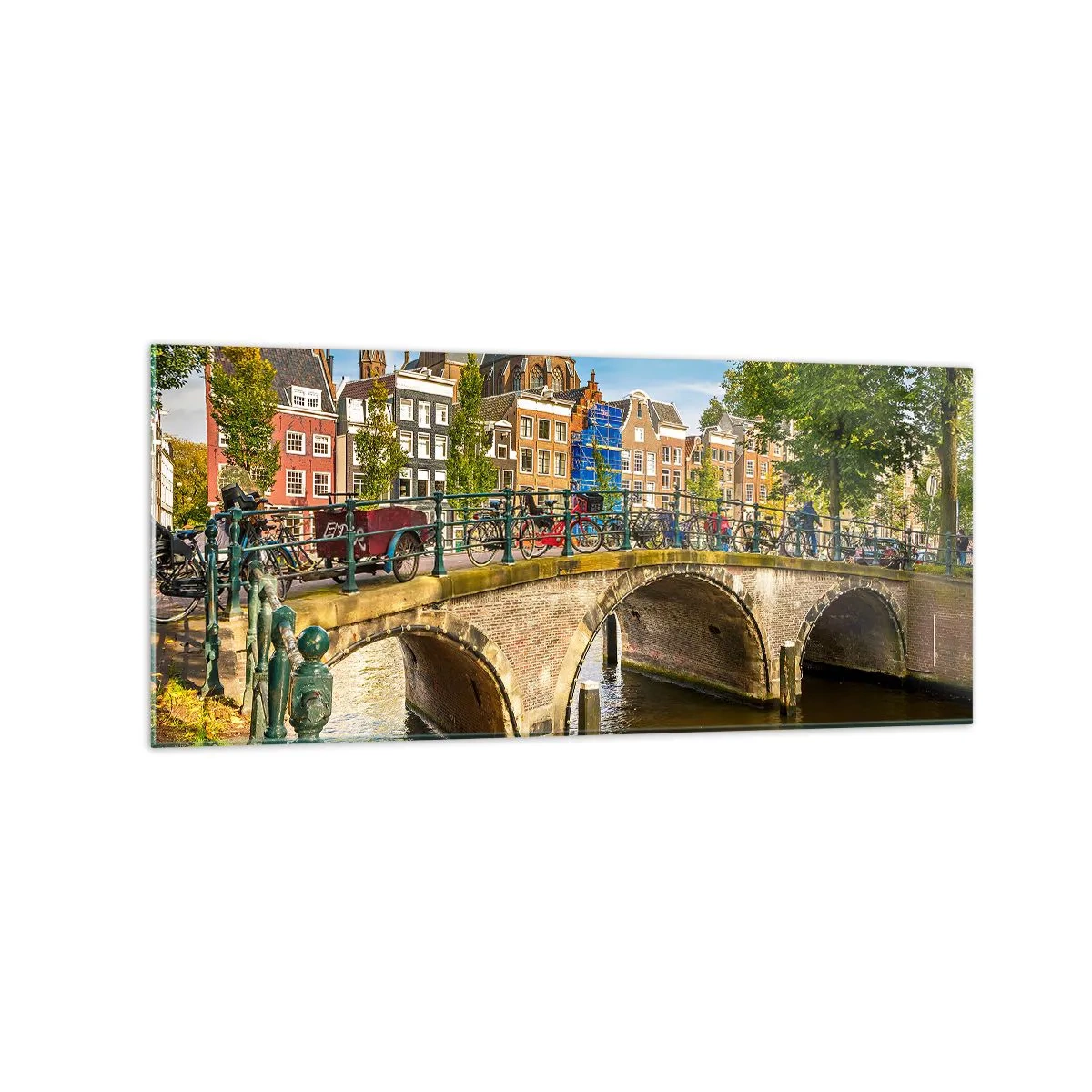Impression sur verre - Image sur verre - Un canal pittoresque avec un pont à Amsterdam - 120x50cm - Le printemps sur le canal - Décoration murale moderne pour le salon et la chambre ARTTOR