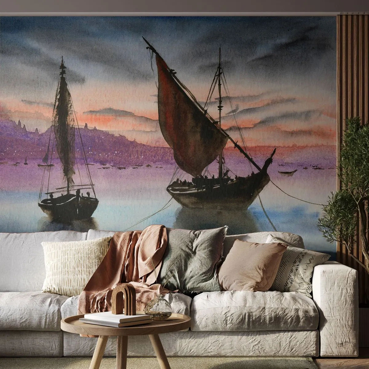 Papier Peint Photo Premium Sand - Voiliers pittoresques sur fond de soleil couchant - 100x70cm - Soirée au port - Décoration murale moderne pour le salon et la chambre ARTTOR