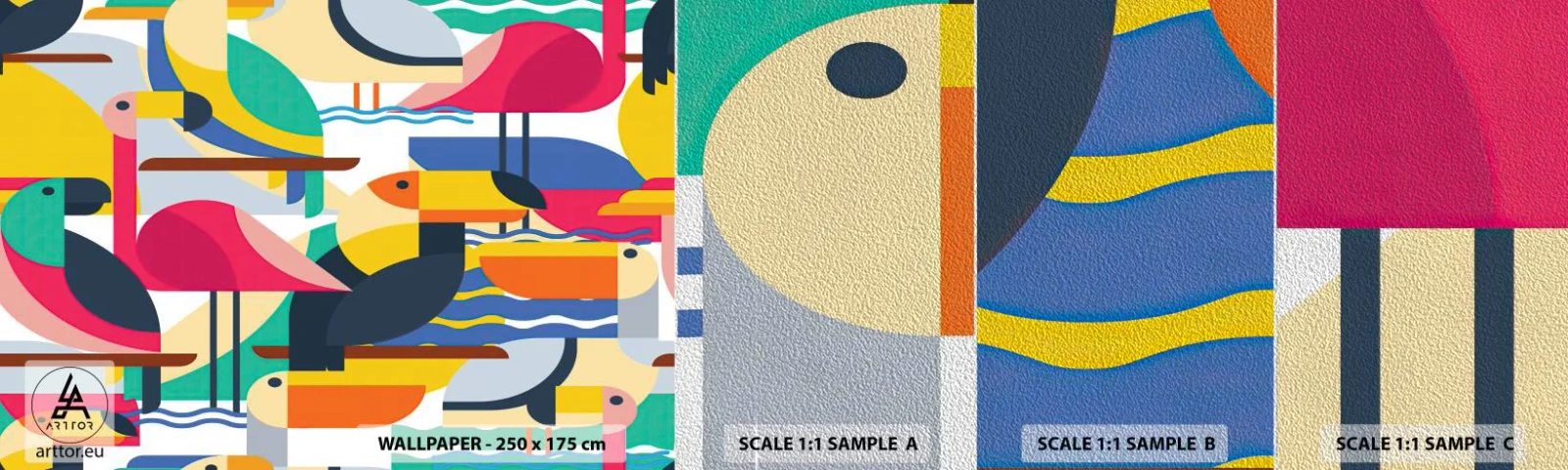 Échantillon de Papier Peint Premium Sand - Fête des oiseaux - Abstraction, Pélican, Morceau - 100x30 cm