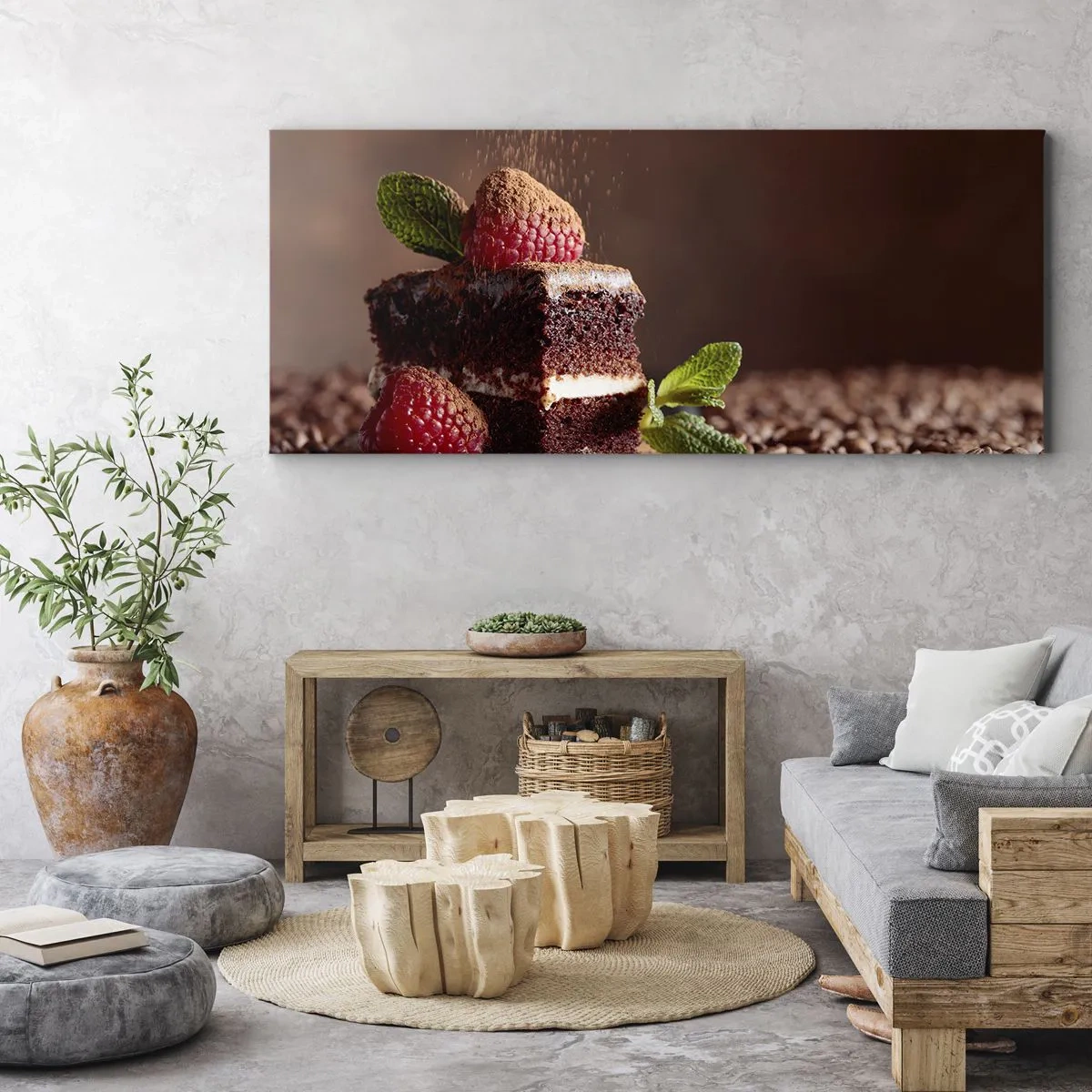 Impression sur toile - Image sur toile - Gâteau au chocolat aux framboises et à la menthe sur fond de fèves de cacao - 160x50cm - La vie est douce - Décoration murale moderne pour le salon et la chambre ARTTOR