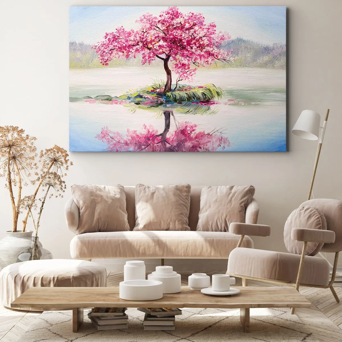 Impression sur toile - Image sur toile - Un arbre en fleurs sur une eau calme - 70x50cm - Fête du Printemps - Décoration murale moderne pour le salon et la chambre ARTTOR
