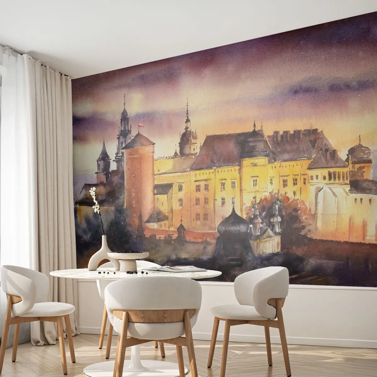 Papier Peint Photo Premium Sand - Un château sur une colline au coucher du soleil dans une aquarelle - 100x70cm - Histoire et conte de fées - Décoration murale moderne pour le salon et la chambre ARTTOR