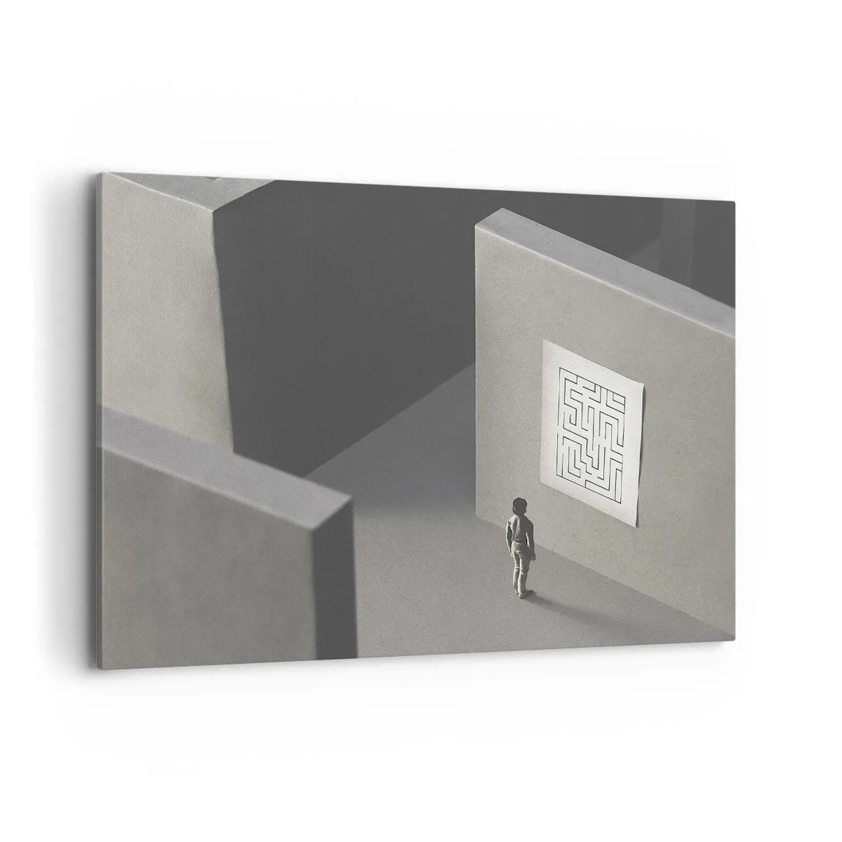 Impression sur toile - Image sur toile - Une figure dans un labyrinthe regardant une carte suspendue - 100x70cm - Mais où suis-je? - Décoration murale moderne pour le salon et la chambre ARTTOR