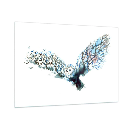 Impression sur verre - Image sur verre - Illustration d'un hibou avec des branches à la place des ailes - 100x70cm - Sur les ailes de la forêt - Décoration murale moderne pour le salon et la chambre ARTTOR