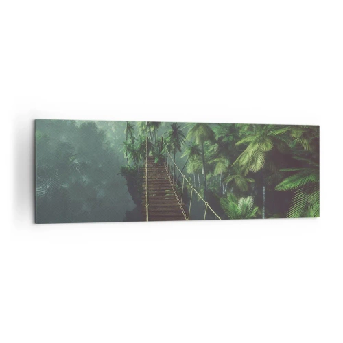 Impression sur toile - Image sur toile - Un pont suspendu dans une forêt tropicale entourée de brouillard. - 160x50cm - Au fil de la verdure - Décoration murale moderne pour le salon et la chambre ARTTOR