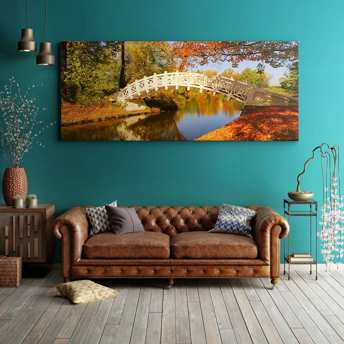 Impression sur toile - Image sur toile - Un pont dans un parc entouré de feuilles d'automne sur une eau calme - 120x50cm - Sur le pont blanc des soupirs - Décoration murale moderne pour le salon et la chambre ARTTOR