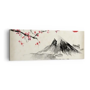 Impression sur toile - Image sur toile - Un paysage pittoresque avec une montagne, des cerisiers en fleurs et du soleil - 140x50cm - Tomber amoureux du Japon - Décoration murale moderne pour le salon et la chambre ARTTOR