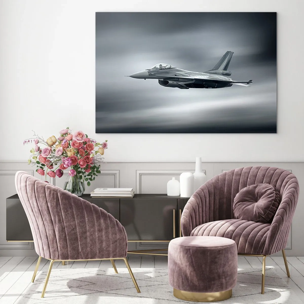 Impression sur verre - Image sur verre - Un avion de chasse en vol contre un ciel nuageux - 100x70cm - Acceptez-vous le défi? - Décoration murale moderne pour le salon et la chambre ARTTOR
