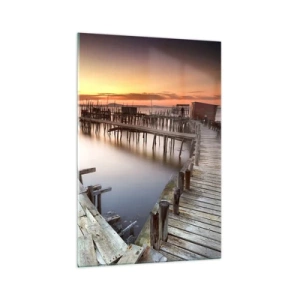 Impression sur verre - Image sur verre - Jetées en bois sur une eau calme au coucher du soleil - 70x100cm - Authentique, pas un attrape touristique - Décoration murale moderne pour le salon et la chambre ARTTOR