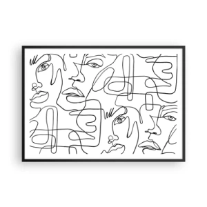 Affiche dans un cadre noir - Poster - Un dessin minimaliste d'un visage avec des lignes sur un fond clair. - 100x70cm - Dans des émotions enchevêtrées - Décoration murale moderne pour le salon et la chambre ARTTOR