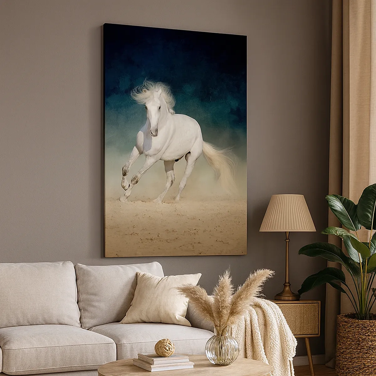 Impression sur toile - Image sur toile - Un cheval blanc galopant dans un ciel flou - 50x70cm - La liberté à l'état pur - Décoration murale moderne pour le salon et la chambre ARTTOR