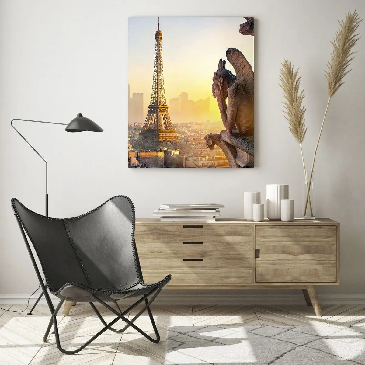 Impression sur verre - Image sur verre - Vue de la Tour Eiffel avec des gargouilles en arrière-plan - 70x100cm - Tellement de choses ont changés... - Décoration murale moderne pour le salon et la chambre ARTTOR