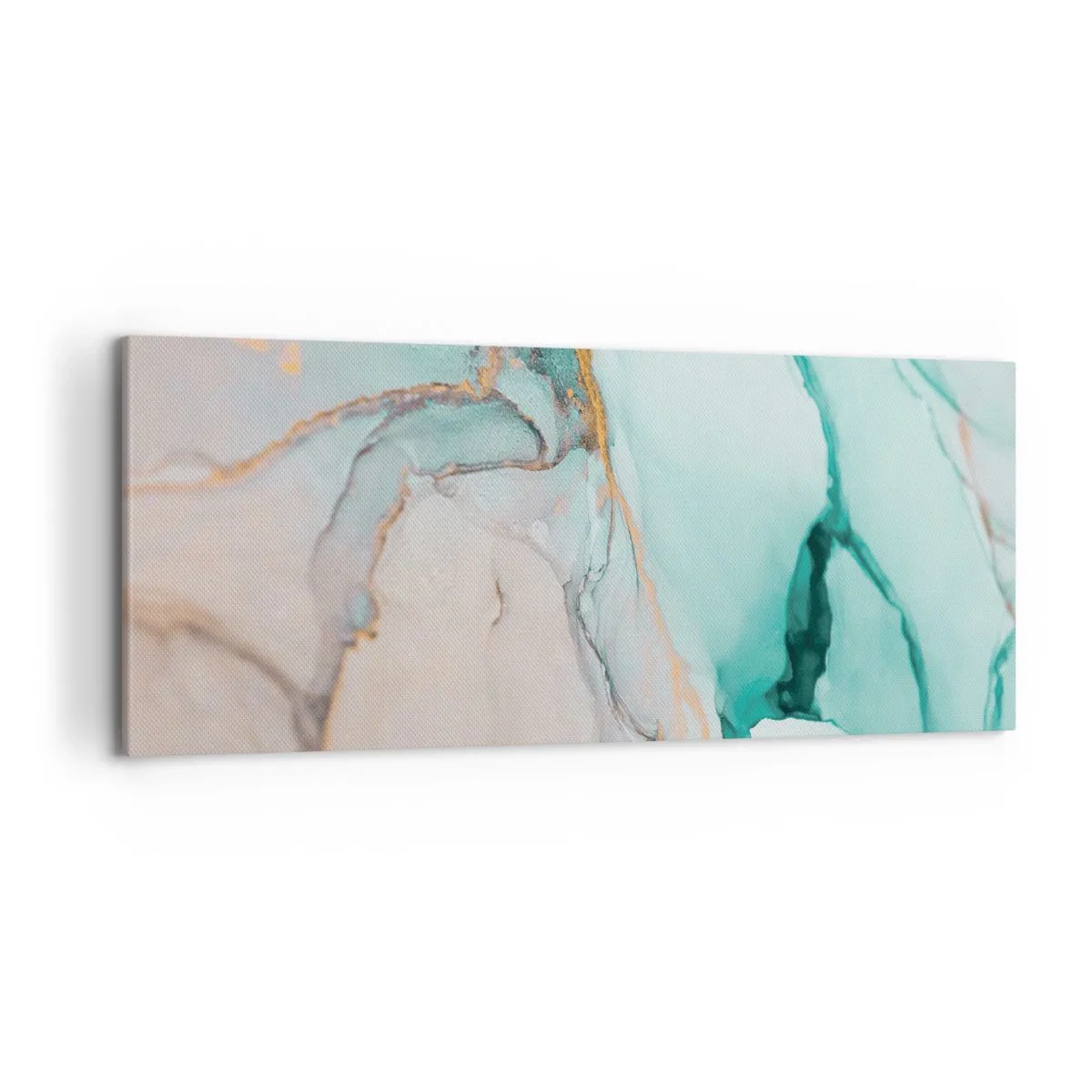 Impression sur toile - Image sur toile - Une composition abstraite dans des tons turquoise et or. - 120x50cm - Danse des formes et des couleurs - Décoration murale moderne pour le salon et la chambre ARTTOR