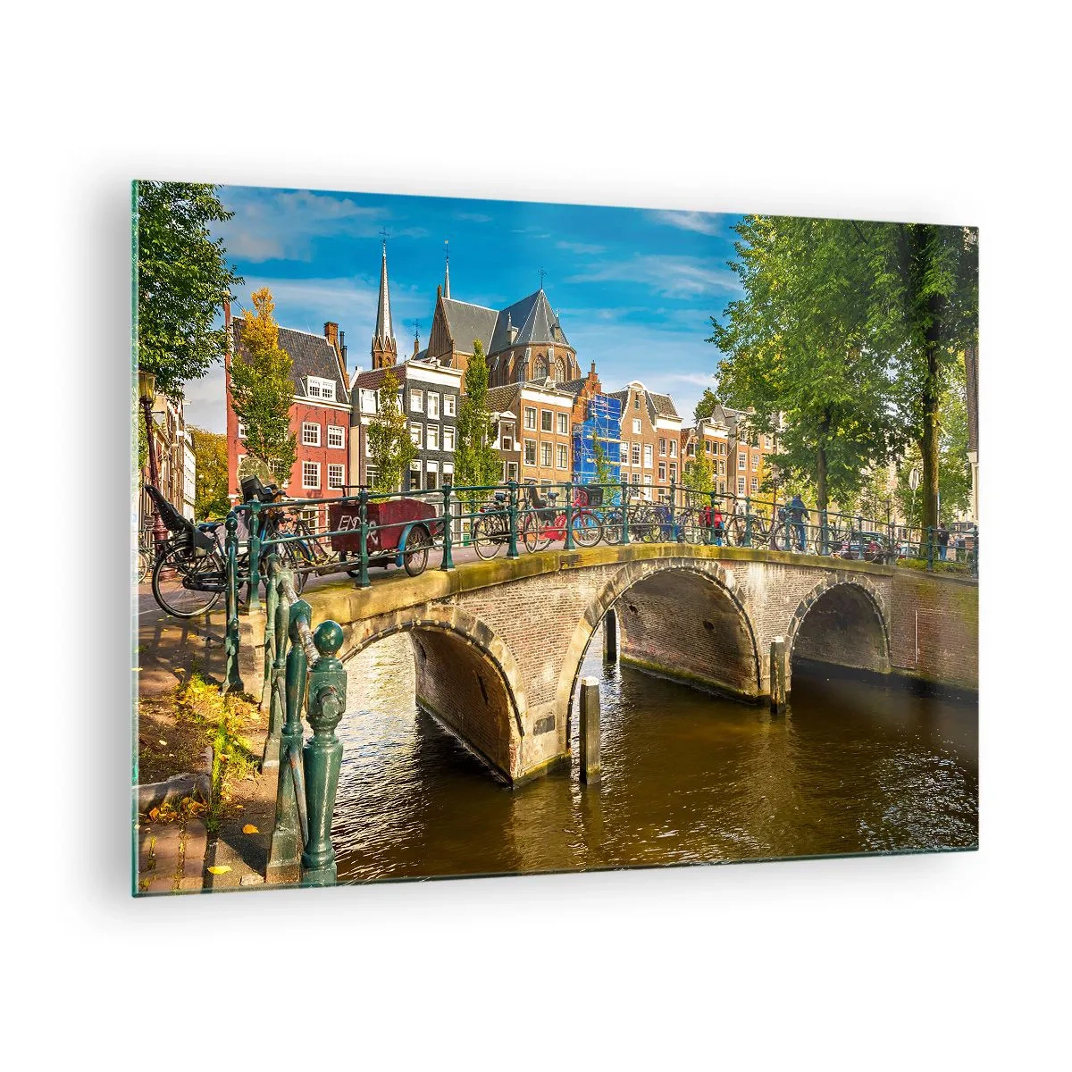 Impression sur verre - Image sur verre - Un pont sur un canal entouré d'architecture historique et de verdure - 70x50cm - Le printemps sur le canal - Décoration murale moderne pour le salon et la chambre ARTTOR