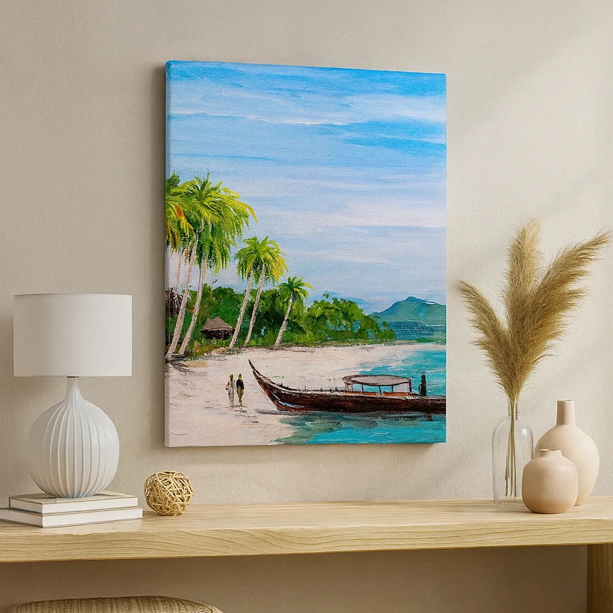 Impression sur toile - Image sur toile - Une plage exotique avec des palmiers et un bateau sur le rivage - 50x70cm - Rêve exotique - Décoration murale moderne pour le salon et la chambre ARTTOR