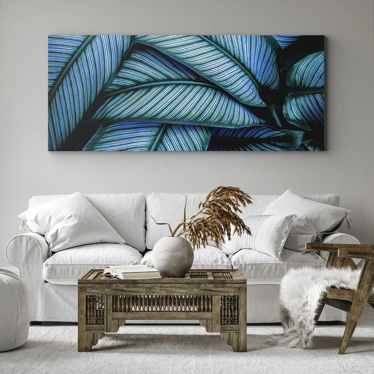 Impression sur toile - Image sur toile - Un gros plan de feuilles turquoise avec des détails vifs. - 160x50cm - Lignes de vie - Décoration murale moderne pour le salon et la chambre ARTTOR