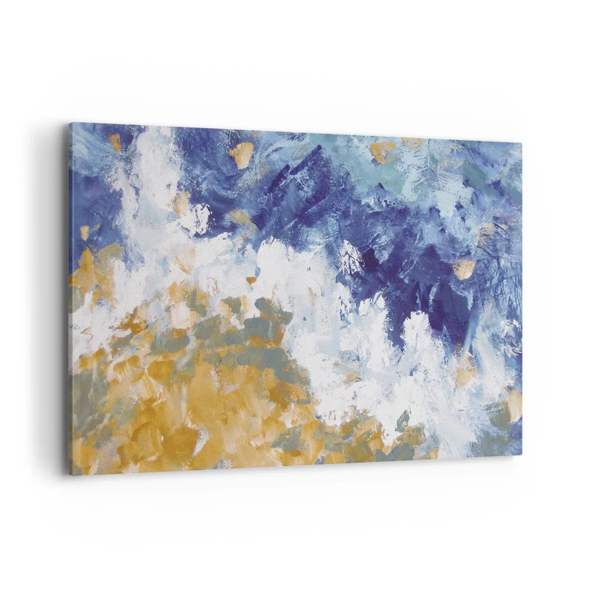 Impression sur toile - Image sur toile - Abstraction dans les tons de bleu, blanc et or - 120x80cm - Danse des éléments - Décoration murale moderne pour le salon et la chambre ARTTOR