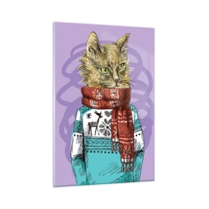 Impression sur verre - Image sur verre - Un chat en pull et écharpe sur fond violet - 80x120cm - Le chat, pas uniquement dans les chaussures - Décoration murale moderne pour le salon et la chambre ARTTOR
