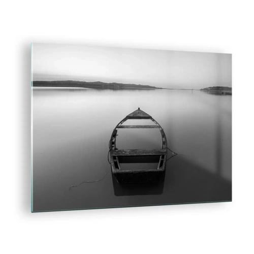 Impression sur verre - Image sur verre - Un vieux bateau sur une surface d'eau calme en noir et blanc - 70x50cm - Nostalgie et mélancolie - Décoration murale moderne pour le salon et la chambre ARTTOR