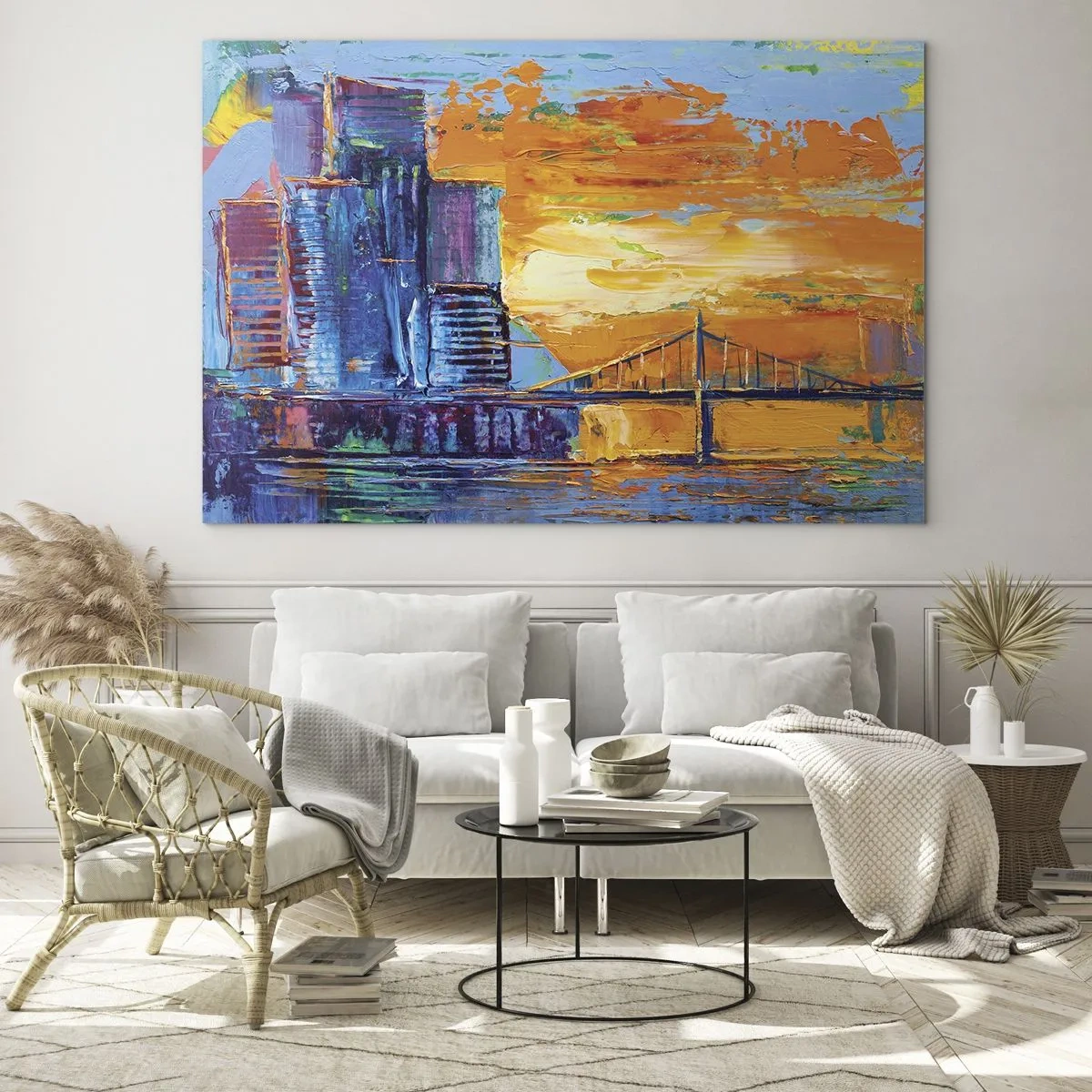 Impression sur verre - Image sur verre - La ville colorée et le pont dans la lueur du soleil couchant - 100x70cm - Culture et nature - Décoration murale moderne pour le salon et la chambre ARTTOR