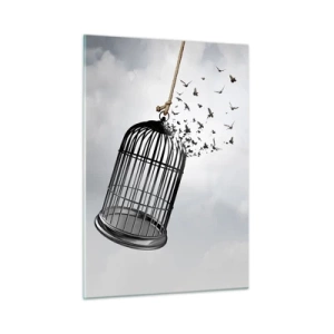 Impression sur verre - Image sur verre - L'ouverture de la cage et les oiseaux qui s'envolent dans le ciel - 50x70cm - Foie...Espoir...Liberté! - Décoration murale moderne pour le salon et la chambre ARTTOR