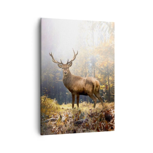 Impression sur toile - Image sur toile - Cerf dans la forêt d'automne avec les rayons du soleil - 50x70cm - Toute sa majesté - Décoration murale moderne pour le salon et la chambre ARTTOR